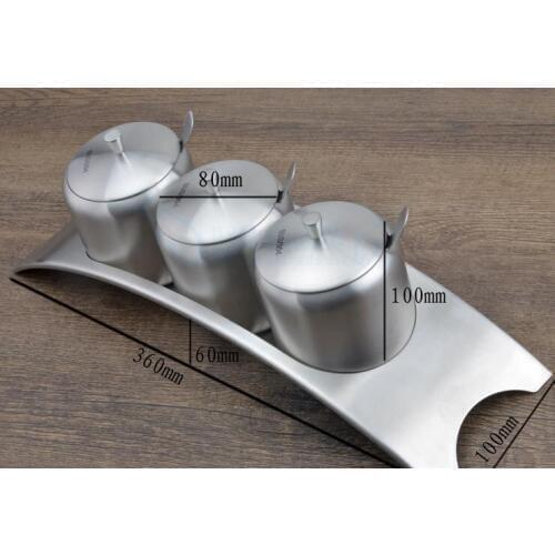 SUS304 Stainless Steel Condiments Seasoning Server Pots Container Cream Sugar Canister Dip Bowls Set of 3 with Lids Spoons & Tra