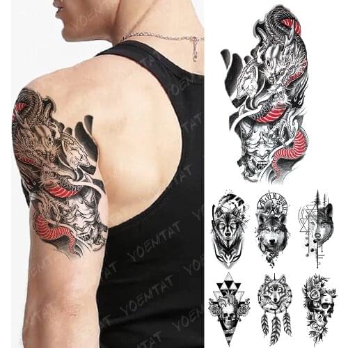 Waterproof Temporary Tattoo Sticker Japanese Dragon Prajna Flash Tattoos Wolf Totem Skull Body Art Arm Fake Tatoo Women Men