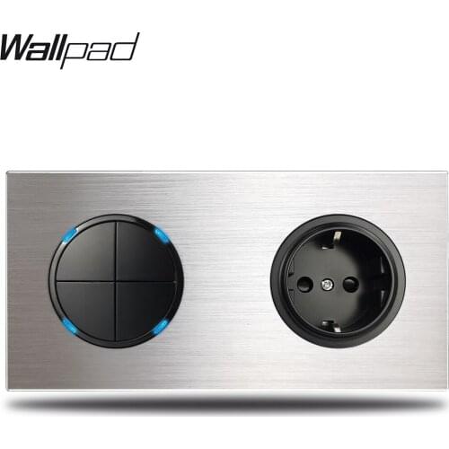Wallpad Grey L6 4 Gang 1 Way 2 Way Light Switch with EU Wall Electric Outlet Socket Silver Brushed Aluminum Alloy Panel