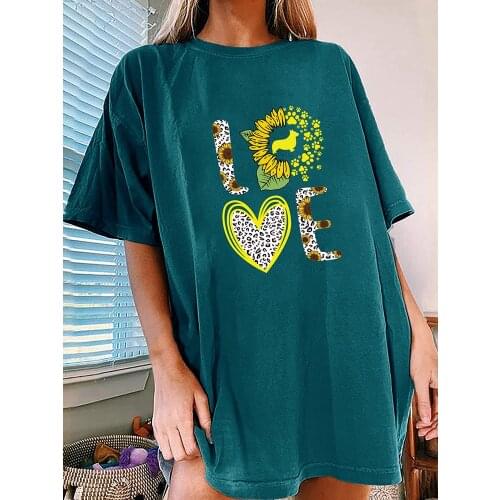 Sunflower Love Print Funny Women T Shirt Drop Shoulder Loose Summer Femme T-shirt Harajuku Shirt for Women Summer Clothes