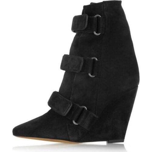 Black Hook Wedges Boots Pointed Toe Suede Height Increasing Ankle Bootie Fashion Ladies Runway Party Dress Shoes Drop Ship