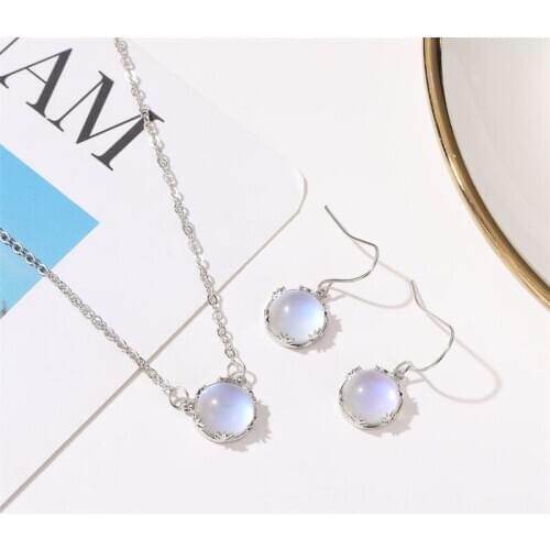 Cute Necklace Earrings Jewelry Sets For Women Moonstone Round Blue Gradient 2020 Simple Birthday Gift Clavicle Chain Wholesale