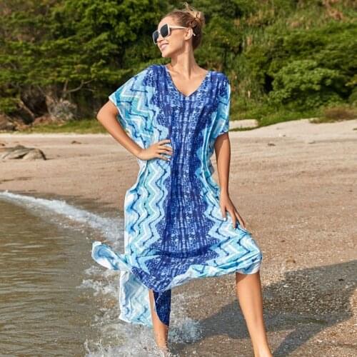 Beach Kaftan Wave Pattern Maxi Dress For Women Navy Blue Striped Long Tunic Tropical Holiday Stunning Oversized Gown Swimsuits