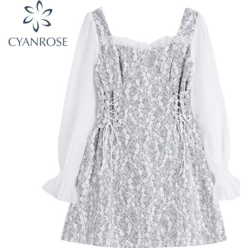 Vintage Crop Dress Women Flare Long Sleeve Elegant Floral Print Romantic High Waist Drawstring Lace Up Slim Party Mini Frocks