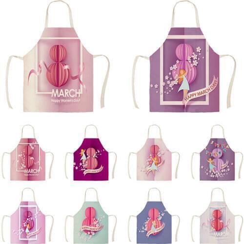 1Pcs Kitchen Apron Pink Happy Women Day Printed Sleeveless Cotton Linen Aprons Happy Monther Day Cleaning Tools WQ846