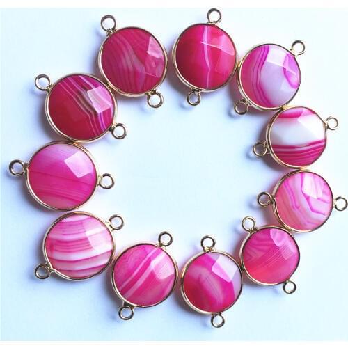 Fashion Nature Stone Rose Red Agates Onyx Faceted Pendants Healing Round&Oval Copper Connector Necklace Bracelet Making 12PCS