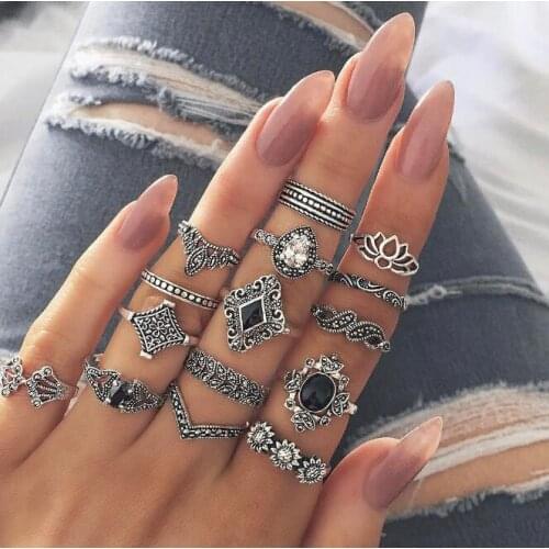 15 Pc / Set Ring Personality Hollowed Out Lotus Sunflower Geometric Gem Set Ring Joint Index Finger Ring Charm Female Jewelry