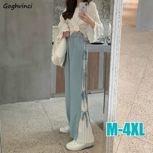 Casual Pants Women Wide Leg Patchwork Lace Up 4XL Chic Elegant Fashion All-match Elastic Waist New Pleated Ulzzang Leisure Loose