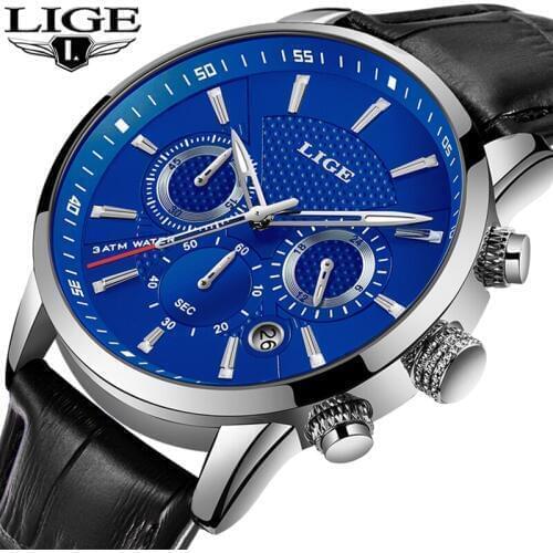 LIGE Mens Watches Stopwatch Date Luminous Hands Genuine Leather 30M Waterproof Clock Man Quartz Watches Men Sports Watch 2020