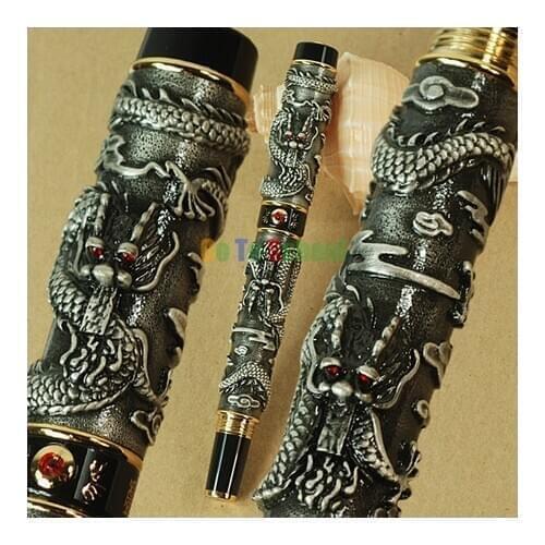 JINHAO GRAY TWO DRAGON PLAY THE PEARL FOUNTAIN PEN BROAD NIB