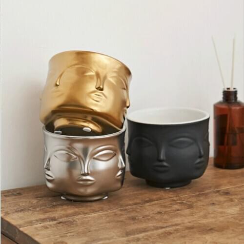 Nordic style creative ceramic flowerpot face design ceramic vase home decoration accessory tool black gold white 11X9 cm