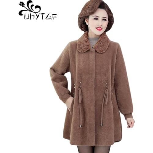 UHYTGF Womens Jacket Elegant Mother Loose 6XL Plus Size Cashmere Outerwear Quality Mink Fleece Autumn Winter Woolen Coat 1133