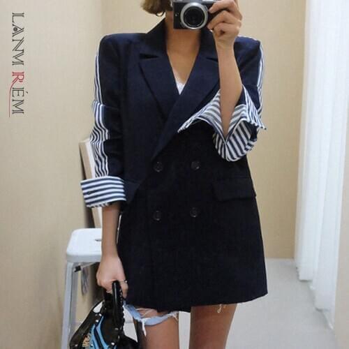 LANMREM 2021 autumn New Casual Fashion Women Loose Vintage Stitching Stripes Back Slit Long Sleeve BlazerTC806