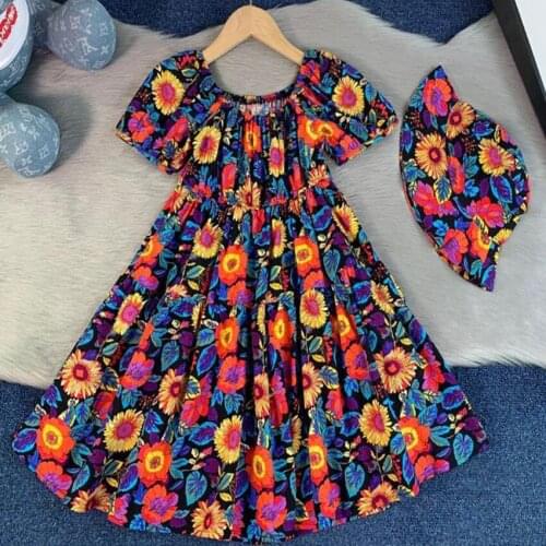 Baby girl summer vintage floral Bohemia prionted dress children slash neck high waist beach dress