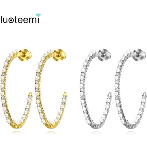 LUOTEEMI Romantic Imitation Pearl and Cubic Zirconia Stud Earrings for Women Wedding Party Big Circle Fashion Jewelry Brincos