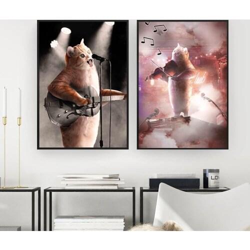 Cartoon Rocker Cat Rock Guitar Violin Music Wall Art Canvas Painting Nordic Posters And Prints Animal Wall Pictures Room Decor
