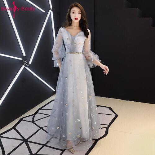 Charming Tulle Champagne Evening Dress 2019 Sexy V Neck Long Flare Sleeve Formal Party Dress with Appliques and Sashes