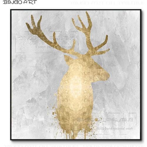 Excellent Artist Hand-painted High Quality Gold Foil Deer Oil Painting on Canvas Handmade Golden Deer Painting for Living Room