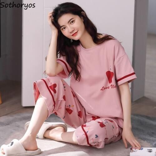 Pajamas Sets Women Causal Printed Calf-length Trousers Short Sleeve Comfortable Loose Home-wear Sweet Students Korean Style Chic