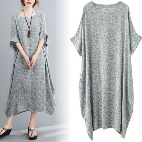 The new loose fat sister show thin cotton dress of literature and art flower hidden meat large size ladies' dresses