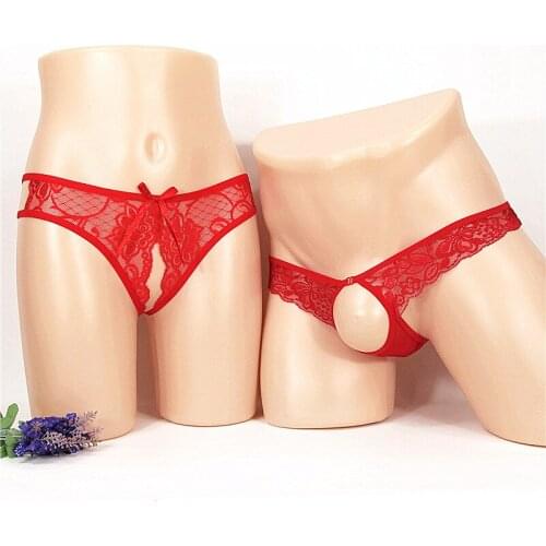 Sexy Underwear Men Couple Crotchless Thong Temptation Perspective Briefs Large Size Hollow Out Male T Pants Lace Underpants New