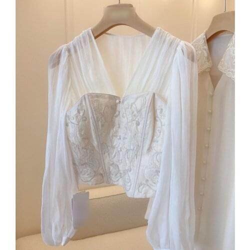 Unireal 2021 Summer Vintage Women Embroidery Blouse Shirt Long Sleeve Single Breasted White Tulle Blouse Sexy Tops