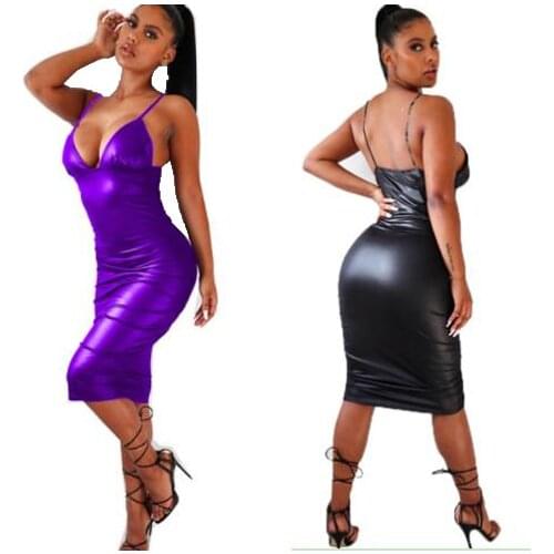 Women Faux Leather Sexy Deep V Neck dress Sleeveless Backless Sexy Strap Dress Solid Straight Elegant Party Outfits Casual dress