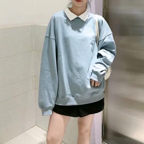 UNUTH Girls Soft Cotton Turn-down Collar Pullover 2021 Spring-autumn Fashion Ladies Casual Pullover Female Solid Color Pullover