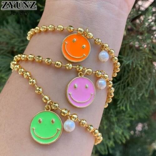 5PCS, Fashion Women Gold Color Round Bead Ball Chain Bracelet with Enamel Smiley Face Charms Bangles Jewelry Girl Gift