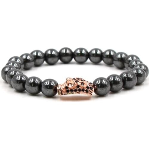 8mm xg45t silver gold copper Leopard head micro pave cz zircon cubic zirconia Bracelet hematite bead Buddha Yoga Bangles
