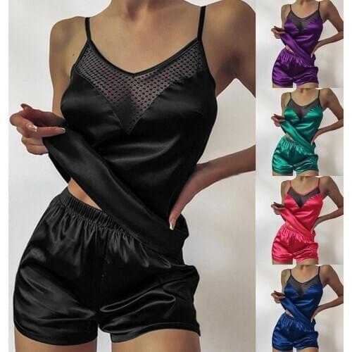 Satin Pajamas Sexy Lace Pijama Nightie Sleepwear Home Clothes Tops and Shorts Womens Silk Pajamas Solid Color Pajama Set Women