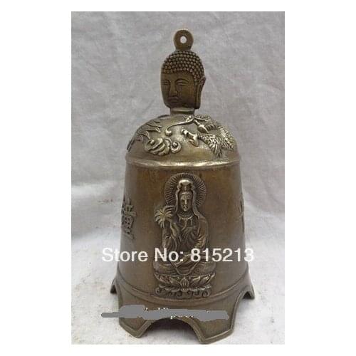 Bi00668 10" Tibet Bronze Buddhism Kwan-Yin Set Shakyamuni Buddha Head Statue Dragon Bell
