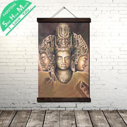 Buddha 3 Faces Scroll Painting Canvas Vintage Poster and Print Wall Art Pictures Living Room Bedroom Farmhouse Decoration