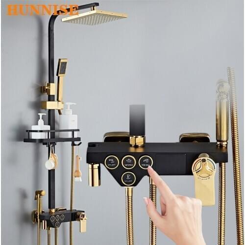 Bathroom Shower System HUNNISE Black Gold Thermostatic Shower Set Solid Brass Bathroom Mixer Faucet Rainfall Digital Shower Set