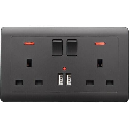 Double Wall UK Plug Socket 2 Gang 13A with 2 USB Charger Outlets, Black