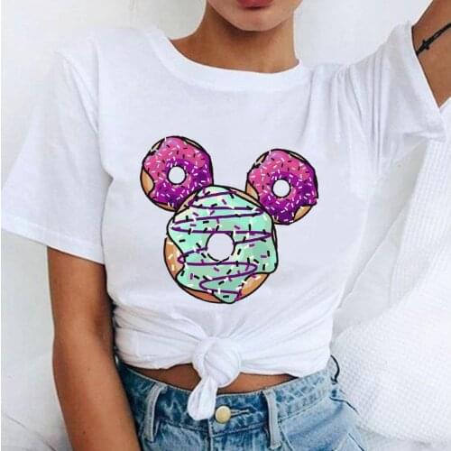 Womens T Shirt Women Short Sleeved Print Donuts Cartoon Harajuku T-shirts Womens Simple Tee T-Shirt for Female Tshirt