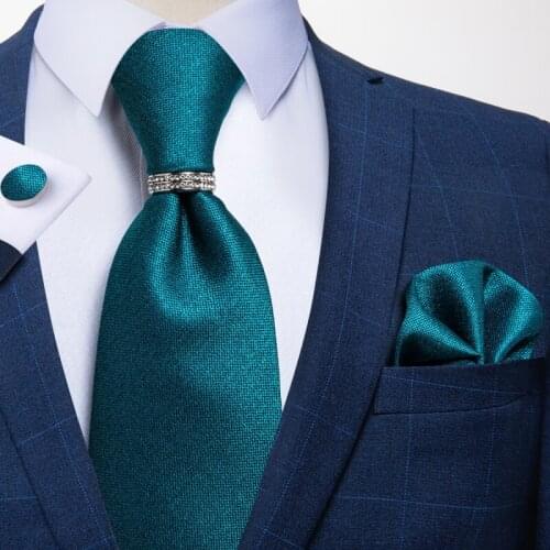 Teal Blue Fashion Men Tie Handkerchief Set New Design 8cm Necktie And Ring Business Wedding Tie Gravata Men Accessories DiBanGu