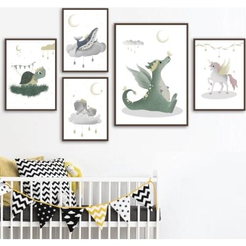 Cartoon Lion Elephant Dinosaur Whale Deer Nursery Wall Art Print Canvas Painting Nordic Poster Wall Picture Baby Kids Room Decor