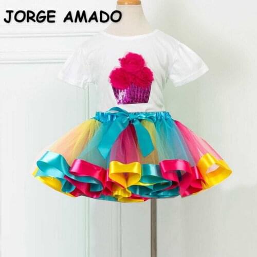 2021 New Summer Girls Short Skirt 2 Pieces Sets Sequin Cotton Top + Rainbow Cake Skirt Children Wear Kids Clothes E6407