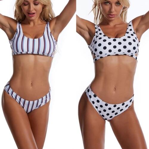 Two Piece Striped Polka Dot Swimwear Women Ladies Summer Split Swimsuit Set Side Hollow Tank Top Backless Bikini Bathing Suit