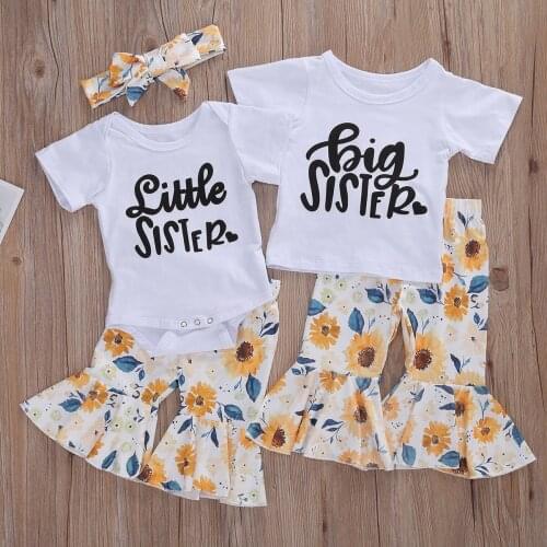 Family Matching Outfits Littler/Big Sister Infant Baby Girls Clothes Sets Letter Floral Romper T Shirts Tops+Flare Pants Suits