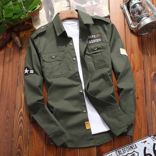 Mens Shirts Military Casual Shirt Cotton Khaki Retro Slim Fit with Pocket Long Sleeve Vintage Jacket Streetwear Drop Shipping