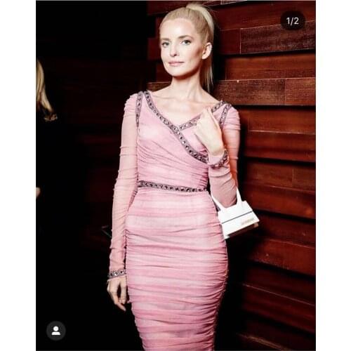 New Arrival Womens Spring V-Neck Lonng Sleeve Solid Bodycon Knee-Length Pink Women Dress Celebrity Evening Party Dress