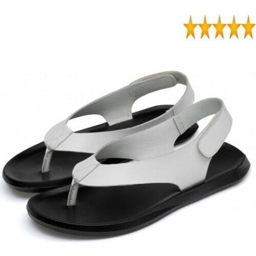 Driving Real Men Leather Plus Size 45 Summer Black White Casual Breathable Flat Sandals Beach Flip Flops