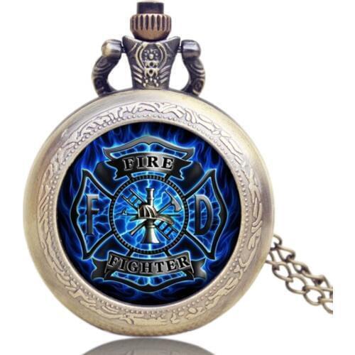 Fire Fighter Theme Old Antique Bronze Pocket Watch With Chain Necklace Best Gift To Firemen