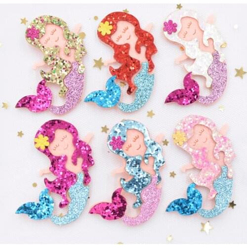 Wholesale 48Pcs 6CM Glitter Fabric Appliques Cartoon Mermaid Nonwoven Padded Patches for Hat Stickers DIY Hair Clips Decor G07