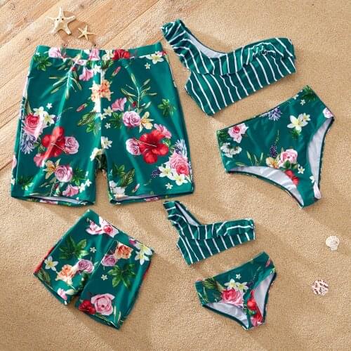 PatPat 2021 New Arrival Summer Floral Print Striped One Shoulder Family Matching Swimsuits