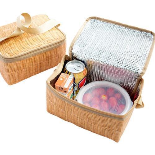 Portable Imitation Rattan Lunch bag Thicker insulated bag Insulated Canvas Lunch Bag Fold Thermal Food Storage Basket