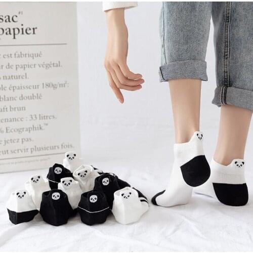 Lovely Embroidery Panda Socks Women Cotton Socks Fresh Casual Fashion Black White Striped Girl Ankle Short Socks