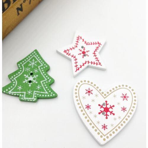 20pcs Mix White/Green Wood Merry Christmas Tree Heart Buttons Sewing Craft WB547